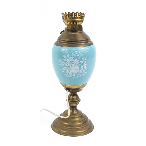 278 - Large retro oil lamp base style floral table lamp with gilt brass mounts, 40cm high