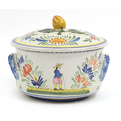 18 - Large French Quimper faience pot and cover hand painted with traditional flowers and figure, with fr... 