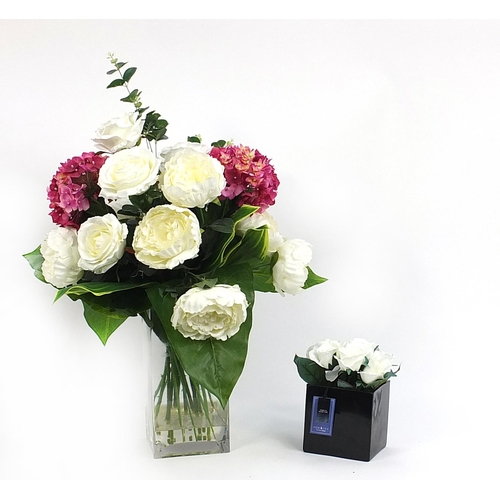 55 - Glass vase artificial flower display of peonies and hydrangeas together with Fox & Ivy roses in a gl... 