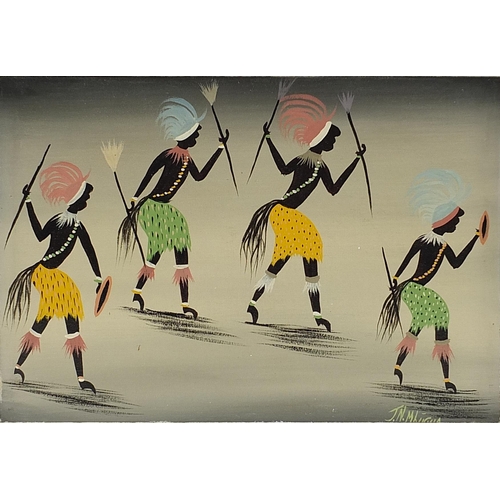 258 - J.N Mlugua - Abstract composition, tribal warriors, contemporary oil on canvas, framed, 40cm x 29cm