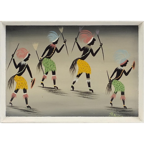 258 - J.N Mlugua - Abstract composition, tribal warriors, contemporary oil on canvas, framed, 40cm x 29cm