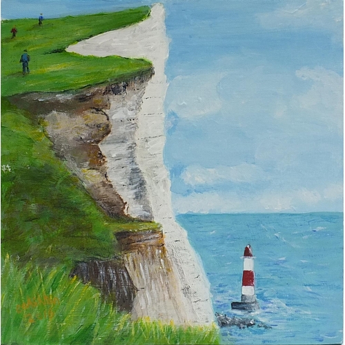 300 - Assorted seaside picture canvases including oil on canvas Beachy Head, oil on canvas beach huts,  sa... 