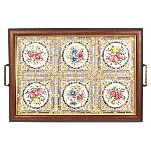 259 - Mahogany tiled tray with a Victorian oak ceramic panelled tray decorated with birds, the largest 63c... 