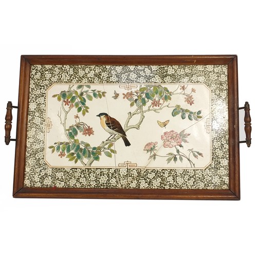 259 - Mahogany tiled tray with a Victorian oak ceramic panelled tray decorated with birds, the largest 63c... 