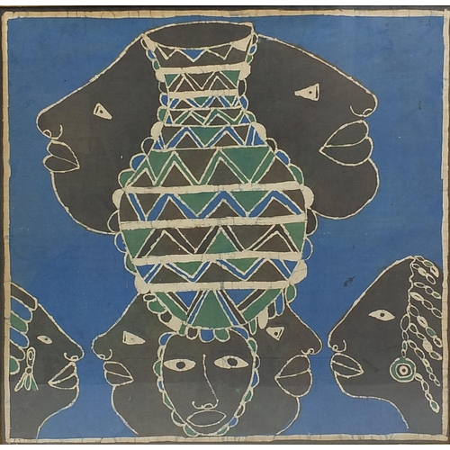 296 - Large abstract batik printed picture of African heads, framed and glazed, 90cm x 90cm including the ... 