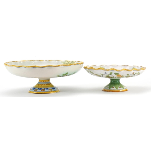 148 - Cantigalli, two Italian Maiolica pedestal dishes hand painted with leaves and berries, the largest 2... 