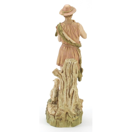 155 - Royal Dux, Art Nouveau Czechoslovakian figure of a shepherd with two sheep, numbered 135 to the base... 