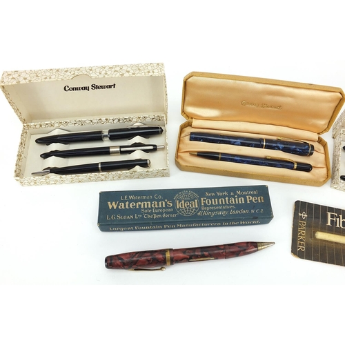 64 - Vintage pens, mostly with boxes including Onward red marbleised combination fountain pen and propell... 