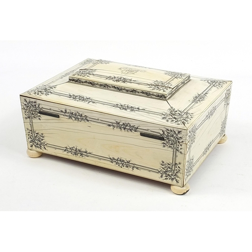 25 - Good Anglo Indian sandalwood, ivory and penwork sarcophagus shaped sewing box with fitted lift out i... 
