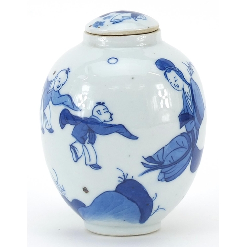 133 - Chinese blue and white porcelain lidded tea caddy hand painted with a mother and children playing in... 