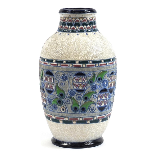 93 - Amphora, large Czechoslovakian Art Nouveau vase hand painted with a stylised cockerel amongst flower... 