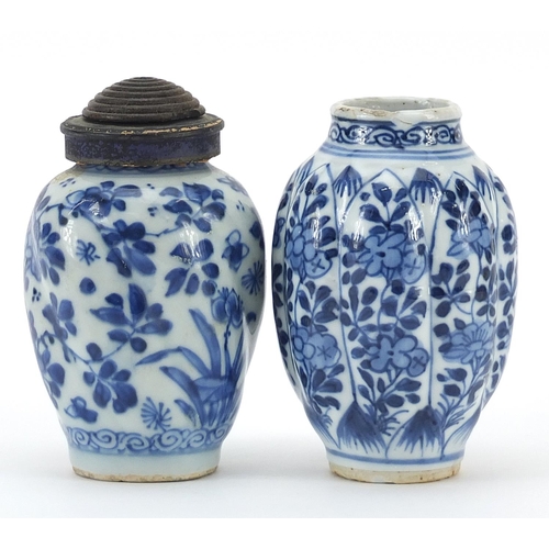 5 - Two Chinese blue and white porcelain vases, one with hardwood lid, each hand painted with flowers, t... 