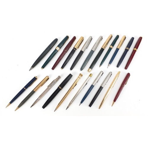 63 - Vintage and later fountain pens, ballpoint pens and two silver propelling pencils, including Parker ... 