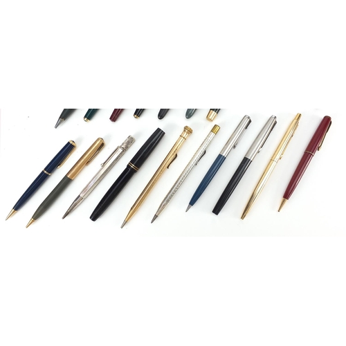 63 - Vintage and later fountain pens, ballpoint pens and two silver propelling pencils, including Parker ... 