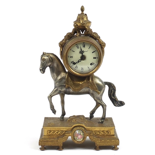 122 - French style gilt and silvered metal horse mantle clock, 43.5cm high