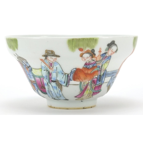 131 - Chinese porcelain bowl hand painted in the famille rose palette with figures in a palace setting, fo... 