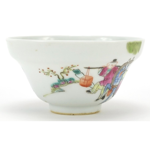 131 - Chinese porcelain bowl hand painted in the famille rose palette with figures in a palace setting, fo... 