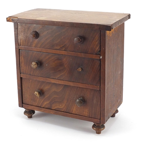 2206 - Victorian mahogany three drawer apprentice chest, 25.5cm H x 25cm W x 14.5cm D