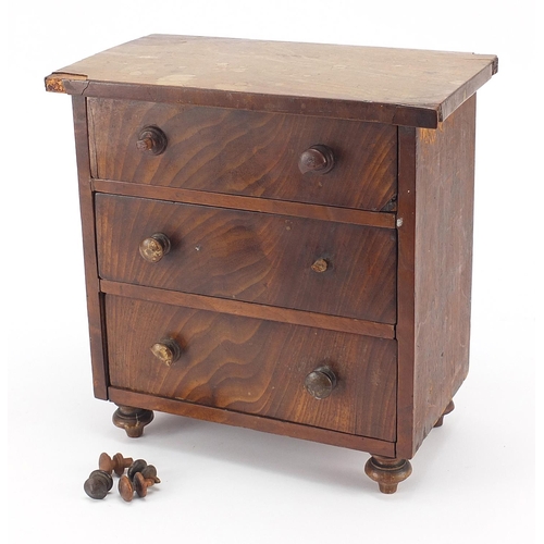 2206 - Victorian mahogany three drawer apprentice chest, 25.5cm H x 25cm W x 14.5cm D