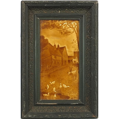 49 - Large Victorian treacle glazed tile hand painted with cattle and ducks in a street, framed, the tile... 