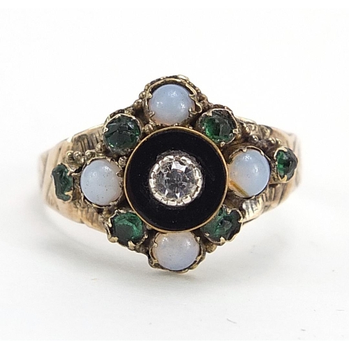 861 - Antique unmarked gold opal green stone and black enamel mourning ring with engraved shoulders, size ... 