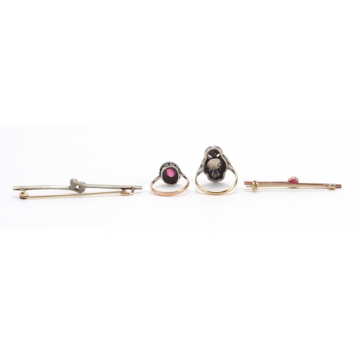 2183 - Antique and later jewellery including a 9ct gold red stone bar brooch and a 9ct gold silver marcasit... 