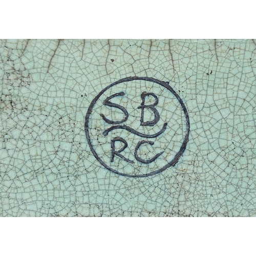 94 - Arts & Crafts style crackle glazed mantle clock with Arabic numerals inscribed SB RC to the reverse,... 