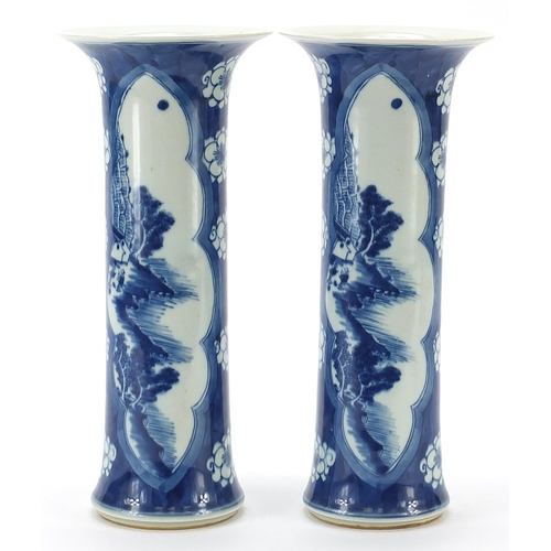 175 - Pair of Chinese blue and white porcelain vases hand painted with panels of landscapes, blue ring mar... 