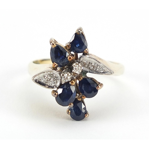 879 - 14ct gold sapphire and diamond cocktail ring, size P, 4.8g