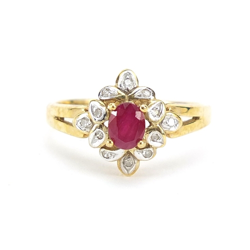 884 - 9ct gold ruby and diamond cluster ring, size M, 2.5g