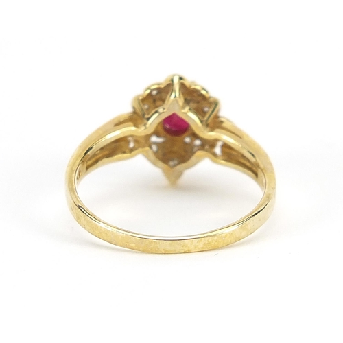 884 - 9ct gold ruby and diamond cluster ring, size M, 2.5g