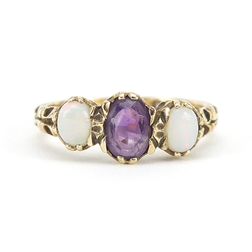 874 - 9ct gold amethyst and opal three stone ring, size M, 2.7g