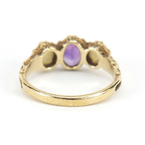 874 - 9ct gold amethyst and opal three stone ring, size M, 2.7g