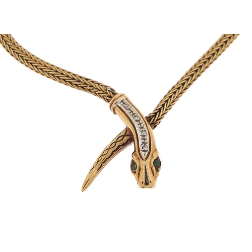 858 - 9ct gold serpent necklace set with diamonds and emeralds, 40cm in length, 13.8g