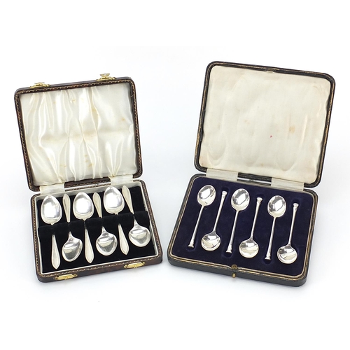 838 - Set of six silver teaspoons and coffee bean spoons, each with fitted case, the largest 10.5cm in len... 