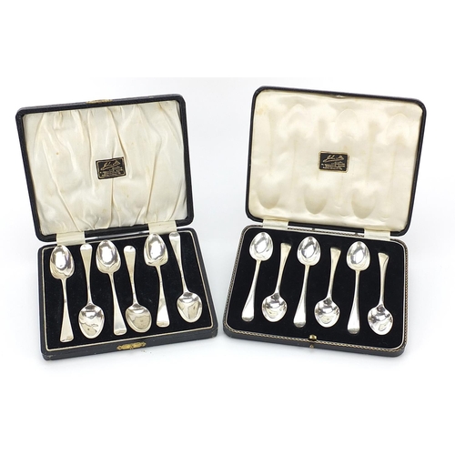 842 - Two sets of six silver teaspoons, each with fitted case, the largest 11.5cm in length, total 127.2g