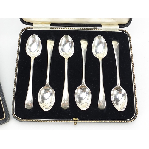 842 - Two sets of six silver teaspoons, each with fitted case, the largest 11.5cm in length, total 127.2g