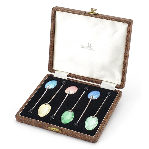 836 - Walker & Hall, set of six enamelled coffee bean spoons with fitted case, 9.5cm in length, 50.2g