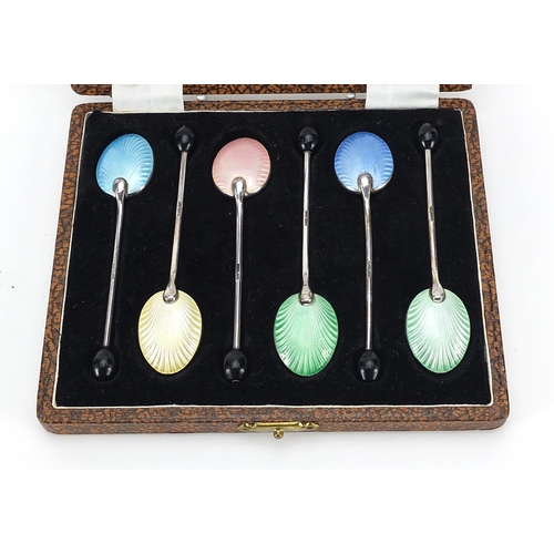 836 - Walker & Hall, set of six enamelled coffee bean spoons with fitted case, 9.5cm in length, 50.2g