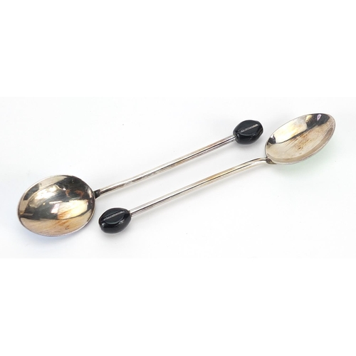 836 - Walker & Hall, set of six enamelled coffee bean spoons with fitted case, 9.5cm in length, 50.2g