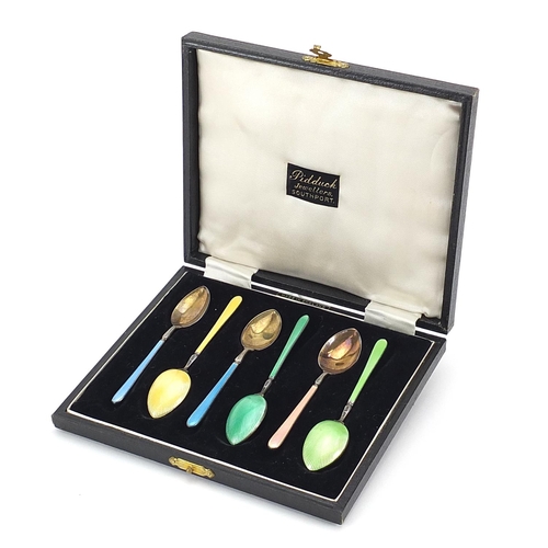 837 - Henry Clifford Davis, set of six silver enamel teaspoons with fitted case, Birmingham 1957, 9.5cm in... 