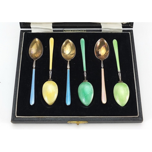 837 - Henry Clifford Davis, set of six silver enamel teaspoons with fitted case, Birmingham 1957, 9.5cm in... 