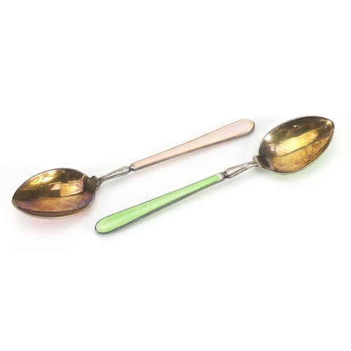 837 - Henry Clifford Davis, set of six silver enamel teaspoons with fitted case, Birmingham 1957, 9.5cm in... 