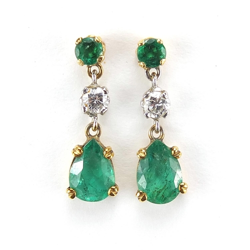 867 - Pair of 18ct gold emerald and diamond drop earrings, 1.6cm high, 2.0g