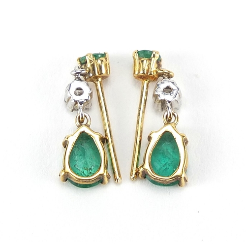 867 - Pair of 18ct gold emerald and diamond drop earrings, 1.6cm high, 2.0g