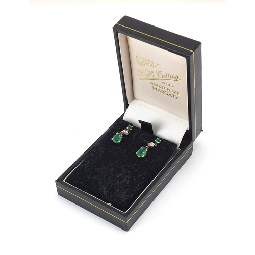 867 - Pair of 18ct gold emerald and diamond drop earrings, 1.6cm high, 2.0g