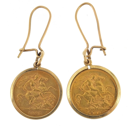 854 - Two Edward VII gold half sovereigns comprising 1907 and 1908, each with 9ct gold earring mounts, 4.5... 