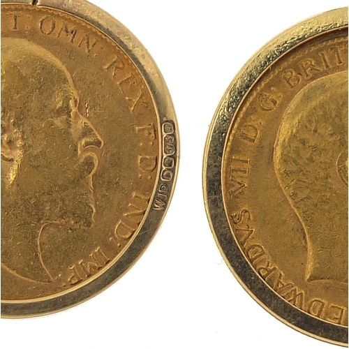 854 - Two Edward VII gold half sovereigns comprising 1907 and 1908, each with 9ct gold earring mounts, 4.5... 