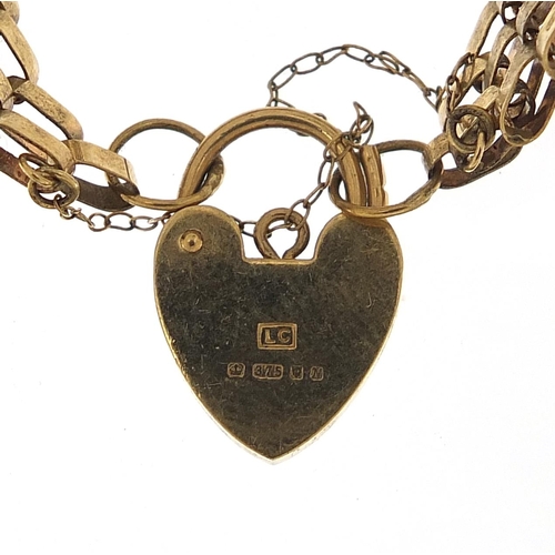 864 - 9ct gold six row gate link bracelet with love heart padlock, 17cm in length, 11.8g