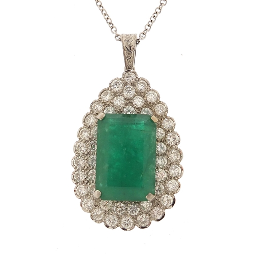 857 - 18ct white gold diamond and emerald pendant on an 18ct white gold necklace, each diamond approximate... 